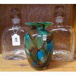 A pair of glass decanters and stoppers, and a Mdina vase, 6"
