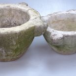 2 weathered stone mortars, largest 12.75" across