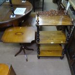 A Victorian walnut and marquetry decorated 3-tier whatnot, W50cm and a tilt top occ table.