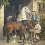 Coloured oleograph, Parisian street scene, and oil on canvas, feeding the horses (2)