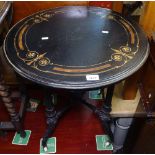 A Victorian ebonised and marquetry decorated circular occasional table, with brass bead edge, raised
