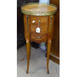 A French kingwood and marquetry decorated oval 3-drawer bedside chest, with pierced brass gallery,