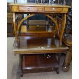 A Victorian mahogany stretcher table, an oak box, and an oak writing table with 2 frieze drawers (3)