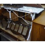 A rectangular marble-top garden table on cast-iron base, L115cm