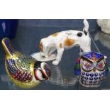 Royal Doulton Terrier, HN1158, cloisonne owl, and a Derby bird paperweight