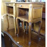 A pair of French walnut bedside cupboards, single drawer, on acanthus leaf carved cabriole legs,