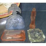 Art Deco moulded glass scent bottle, height 5.5", Art Deco dish with nude figure etc