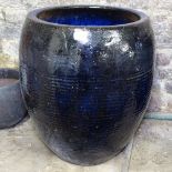A large blue glazed barrel-shape garden planter, H57cm