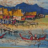 Choo Git Man, Batik painting, harbour scene, 15" x 23", framed