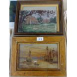 4 Antique oil on boards, coastal views, and 2 19th century engravings