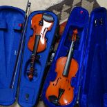 4 various modern violins in cases, and bows