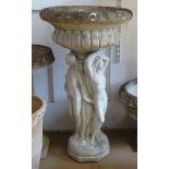 A weathered concrete garden planter on figural column, H86cm