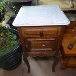 A French oak and marble-top pot cupboard, on cabriole legs
