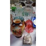 Fluted glass vase, 16.25", 2 others, a painted glass vase, Taj Mahal etc