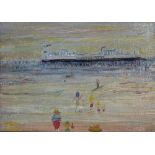 In the style of Fred Yates, oil on canvas, figures on the beach, framed