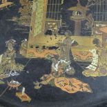 A carved Oriental tray, an oval Japanese tray, 20" across, mother-of-pearl inlaid carved bamboo pot,
