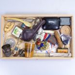A tray of miniature items, a knife, vegetable ivory etui, folding rule etc