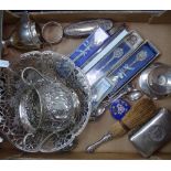 A small oval cut-glass box with silver lid, filigree dish, fruit basket with pierced decoration,