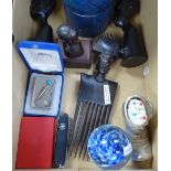 African comb, boxed Stuart Crystal perfume spray, Swiss Army knife etc