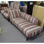 A pair of Edwardian striped upholstered armchairs, and matching chaise lounge