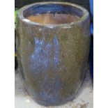 A blue glazed barrel-shaped garden plant pot, H54cm