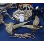 A silver plated teapot, and a pair of table pheasants, and 2 pairs of grape scissors