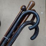 A carved barley twist hardwood cane, and 4 other hardwood canes