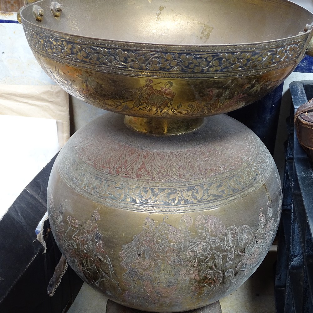 An Indian engraved and painted brass bucket, 22" - Image 2 of 2