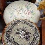 19th century beadwork-topped button footstool, 11" diameter, and a larger stool