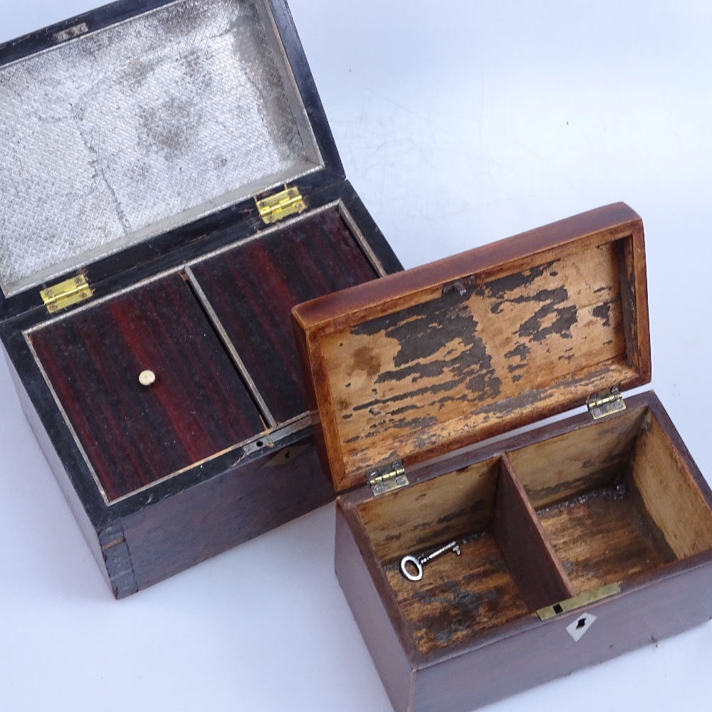 Edwardian mahogany tea caddy with inlaid shell motif, length 7.25", and a larger burrwood tea caddy - Image 2 of 2