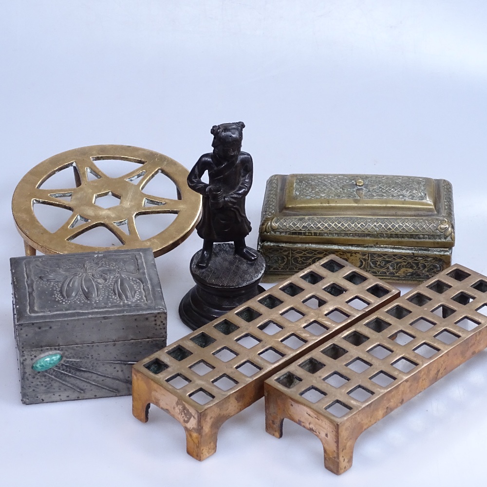 Antique embossed brass casket, Oriental bronze figure, 7", copper stands, and pewter covered stone