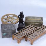 Antique embossed brass casket, Oriental bronze figure, 7", copper stands, and pewter covered stone