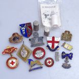 Various enamelled and other badges, and a miniature scrimshaw pot