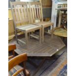An octagonal slatted hardwood folding garden table, and a pair of teak garden chairs