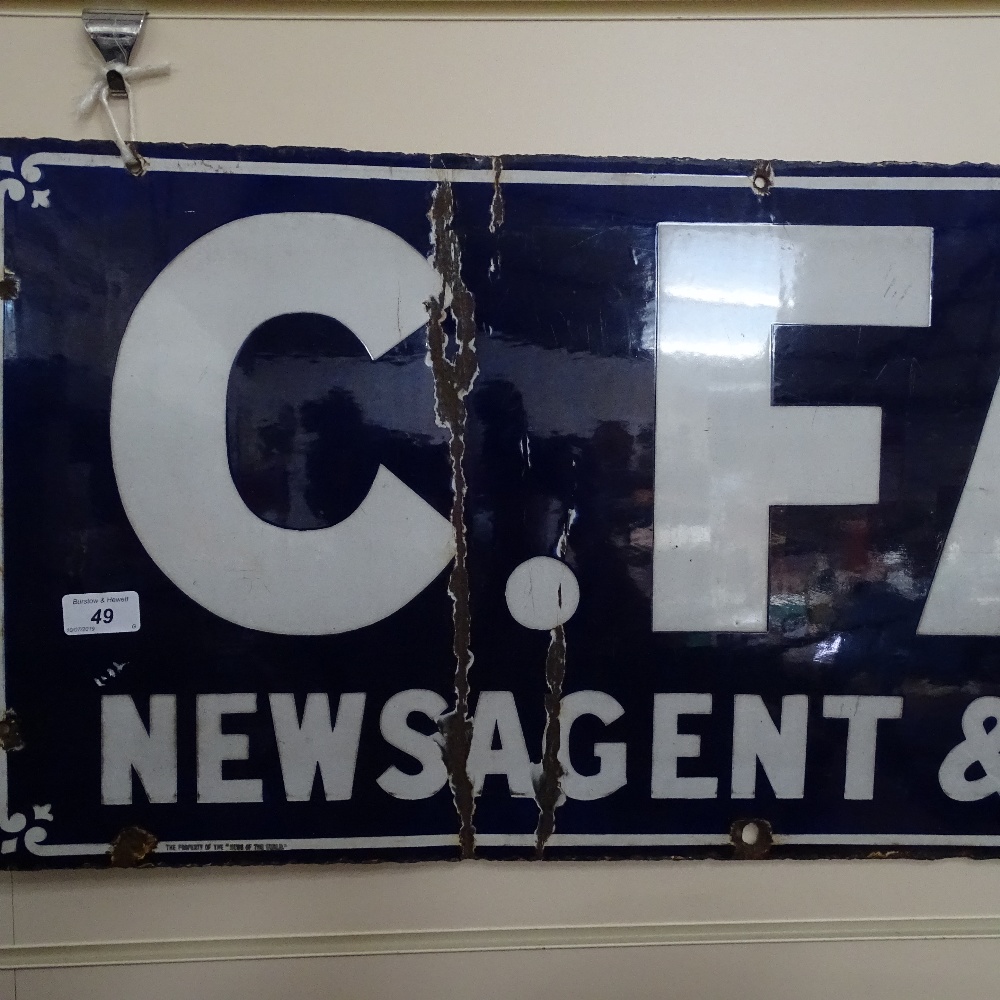 An Antique enamelled sign "C. Farr Newsagent & Tobacconist", length 45" - Image 2 of 2