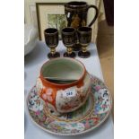 A signed Japanese pot, an Antique Bristol green decanter etc