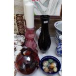Hardstone eggs, an Art glass vase, height 10", 2 others, and a pair of candlesticks