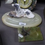 An onyx dish surmounted by a porcelain Gundog with pheasant, length 9", and another surmounted by