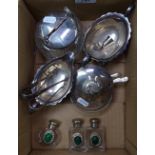 3 small silver-topped scent bottles, plated cream jug and sugar bowl, 2 silver thimbles, sugar bowls