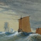 A pair of Antique watercolours, sailing ships in rough seas, framed