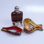 Silver plated spirit flask by Drew & Sons, 6", a hoof design pipe with amber mouthpiece, and another