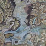 Balinese School, gouache on linen laid on board, birds at river, signed Kt Balik, 35" x 48", framed