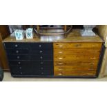 A large polished and painted pine haberdashery bank of 12 short and 6 long drawers, L200cm, D73cm,