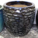 A large blue glazed barrel design garden planter, H57cm