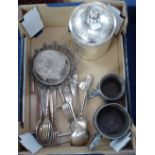A Ceylon white metal tea canister, coin set dish, pewter tankards, cutlery etc