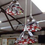 Unusual 3-branch hanging light fitting, with ornate moulded red and clear glass shades, each 7.5"