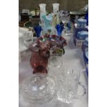 Glass vases, ewer, Carnival Glass bowls etc