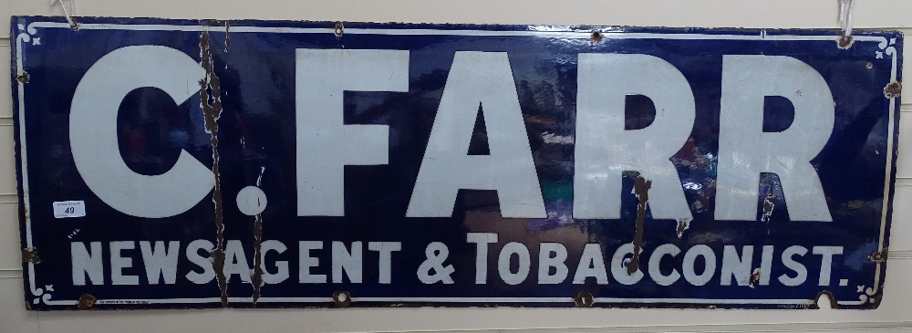 An Antique enamelled sign "C. Farr Newsagent & Tobacconist", length 45"