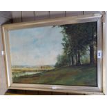 2 gilt picture frames, and J J Garson, oil on canvas, panoramic view (3)