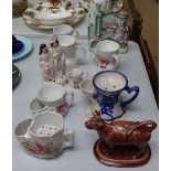 Cow creamer, shaving mugs, Staffordshire groups etc